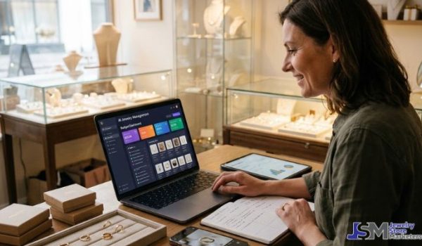 Jewelry store owner managing AI marketing tools