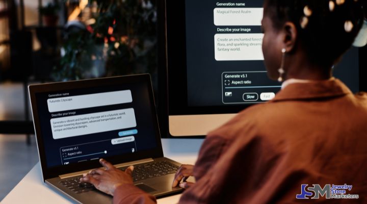 Woman using AI image generation tools on a laptop